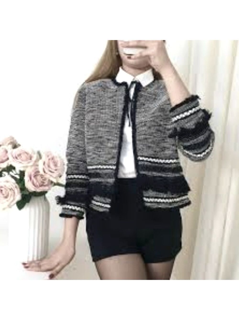 H&M Women's Tweed Jacket Black & Grey Size 6 - Picture 3 of 8